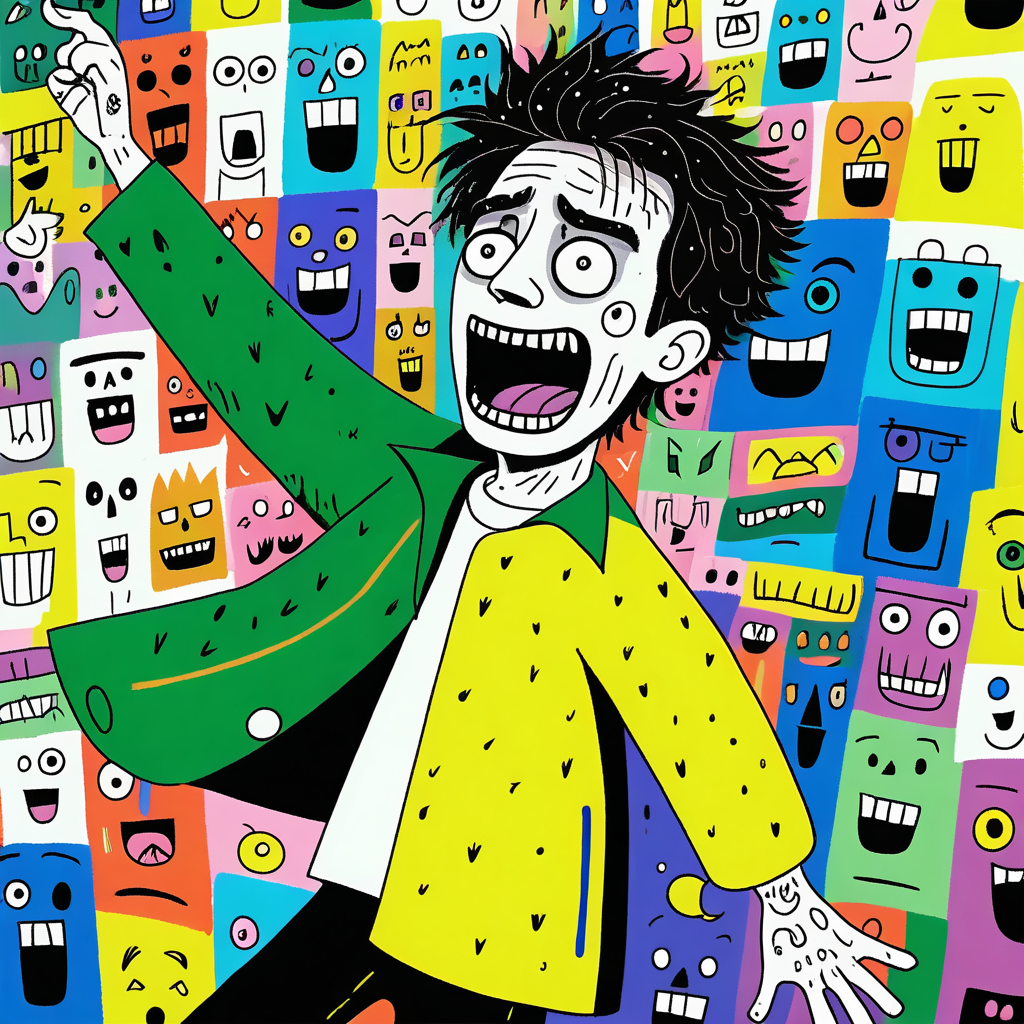 (masterpiece), (best quality), (ultra-detailed), low quality, jpeg artifacts, blurry, poorly drawn, ugly, worst quality, art brut, outsider art, a man walking to the store, waving the corpse of a dog around in the air, screaming, paranoia, illustration, disheveled hair, detailed eyes, perfect composition, moist skin, intricate details, earrings, by wlop