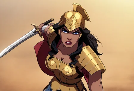 score_9, score_8_up, score_7_up, hippolyta, long hair, blue eyes, black hair, makeup, lipstick, armor, Greek armor, golden armor, cleavage, 1girl, cape, looking at viewer, solo, defined, helmet, attic helmet, loose hair, (hair loose), fighting stance, sword, shield