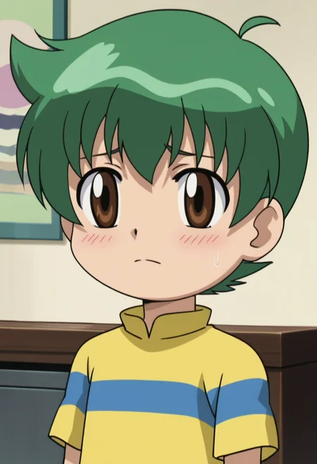 source_anime,anime screencap, anime coloring,intricate details,rating_safe, masterpiece, best quality,
(best quality, absurd res, ultra detailed),,(4 finger:0.5),1girl, ((solo)), good eyes,perfect eyes,,detailed eyes, zPDXLxxx , zPDXL3, ,detailed, detailed face
BREAK
solo,indoors,standing, upper body, nervous,
kenta, 1boy, child, male child, brown eyes, green hair, striped shirt, short sleeves,
, <lora:add-detail-xl:2> <lora:Kenta_Yumiya:0.8>