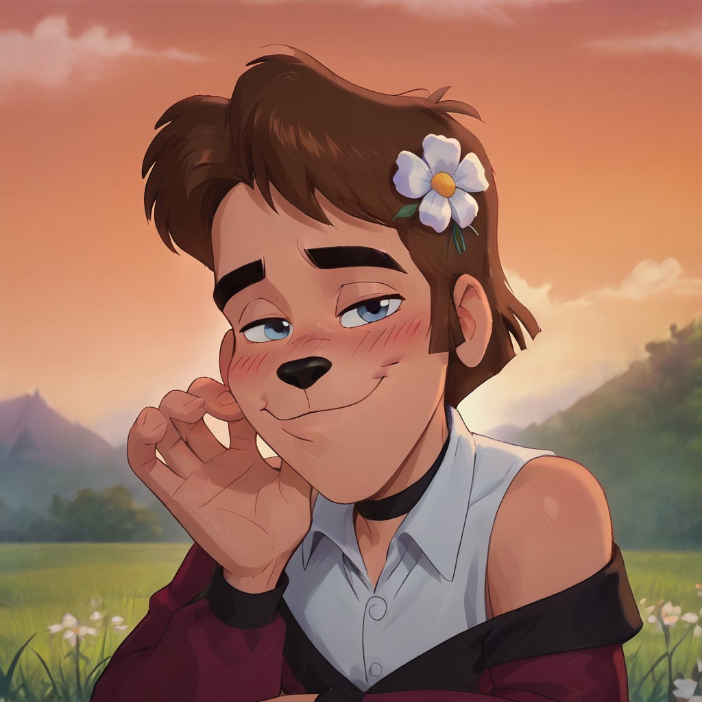 bradleyuppercrust, 1boy, dog nose, animal ears, furry male, short hair, brown hair, blue eyes, solo, hair flower, grass, shy smile, choker, white shirt, collared shirt, ruffle on shirt, puffy sleeves, long sleeves, pov, blush, outdoors, retro artstyle, score_9, score_8_up, score_7_up, score_6_up, score_5_up, score_4_up, looking at viewer, soft lighting, sunset, orange sky, clouds, wheat field, half-closed eyes, light pose, airy fabrics, off shoulder, sitting on grass, white flowers:1.6, upper body, cartoon screenshot, cartoon, ((left hand straightens hair)), relaxed pose, soft, calm,