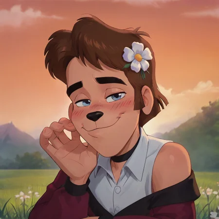 bradleyuppercrust, 1boy, dog nose, animal ears, furry male, short hair, brown hair, blue eyes, solo, hair flower, grass, shy smile, choker, white shirt, collared shirt, ruffle on shirt, puffy sleeves, long sleeves, pov, blush, outdoors, retro artstyle, score_9, score_8_up, score_7_up, score_6_up, score_5_up, score_4_up, looking at viewer, soft lighting, sunset, orange sky, clouds, wheat field, half-closed eyes, light pose, airy fabrics, off shoulder, sitting on grass, white flowers:1.6, upper body, cartoon screenshot, cartoon, ((left hand straightens hair)), relaxed pose, soft, calm,