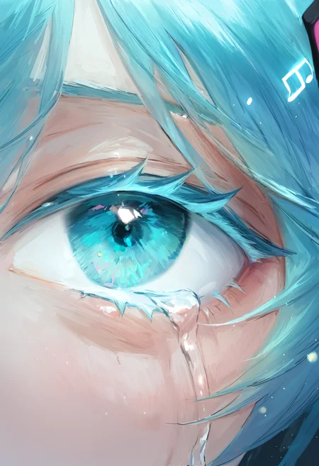 <lora:bGV0c2ZpbmFsYW5zd2Vy-noobaiXLNAIXL_epsilonPred_V110_V1-CAME>, bGV0, hatsune miku, musical note, tears, eye focus, solo, eye reflection, close-up, crying with eyes open, blue eyes, beamed eighth notes, staff \(music\), crying, eighth note, quarter note, hair ornament, eyelashes, colored eyelashes, 1girl, musical note hair ornament, blue hair, looking at viewer, 1other, light particles, aqua eyes, aqua hair, reflection, musical note print