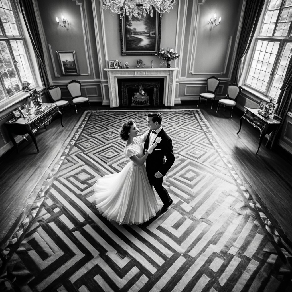 1male, 1female, Graceful couple in stunning vintage outfits, dancing elegantly with poise in a vintage-era setting, retro black and white theme, capturing timeless elegance, focus on the couple as they move gracefully together, with a collection of cherished couple photos displayed in the background, viewed from a bird's-eye perspective, adding depth and a unique angle, enhancing the nostalgic and romantic ambiance.