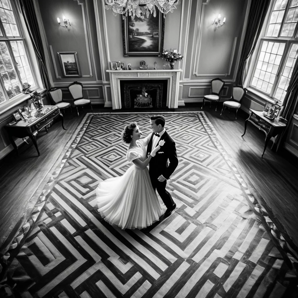 1male, 1female, Graceful couple in stunning vintage outfits, dancing elegantly with poise in a vintage-era setting, retro black and white theme, capturing timeless elegance, focus on the couple as they move gracefully together, with a collection of cherished couple photos displayed in the background, viewed from a bird's-eye perspective, adding depth and a unique angle, enhancing the nostalgic and romantic ambiance.