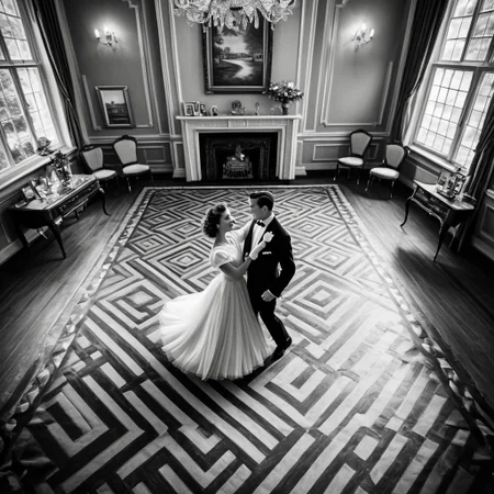 1male, 1female, Graceful couple in stunning vintage outfits, dancing elegantly with poise in a vintage-era setting, retro black and white theme, capturing timeless elegance, focus on the couple as they move gracefully together, with a collection of cherished couple photos displayed in the background, viewed from a bird's-eye perspective, adding depth and a unique angle, enhancing the nostalgic and romantic ambiance.