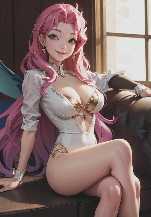 <lora:seraphine:0.8>, seraphine, smirk, seductive smile, sitting, (acclaimed, alluring, captivating, exciting, gorgeous, striking:1.3)