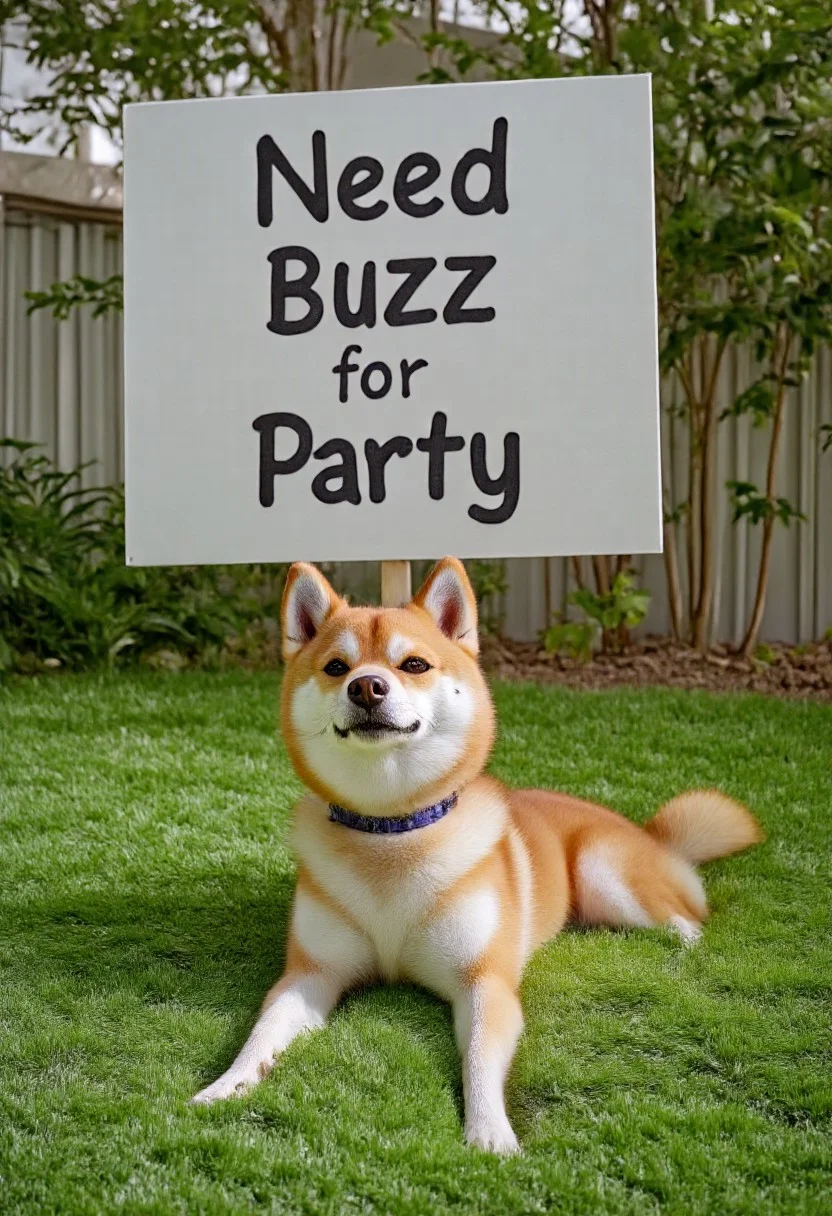 photorealistic, Shiba Inu, Doge with visually striking color outside, grass, holding up a sign with his paws that says "Need Buzz for Party"