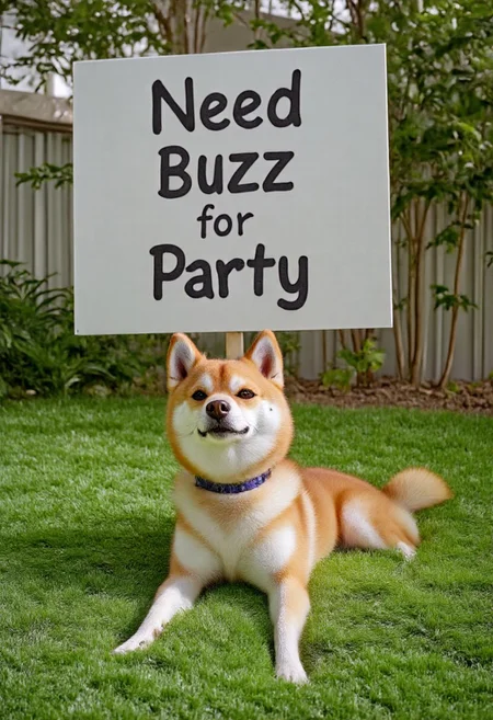 photorealistic, Shiba Inu, Doge with visually striking color outside, grass, holding up a sign with his paws that says "Need Buzz for Party"