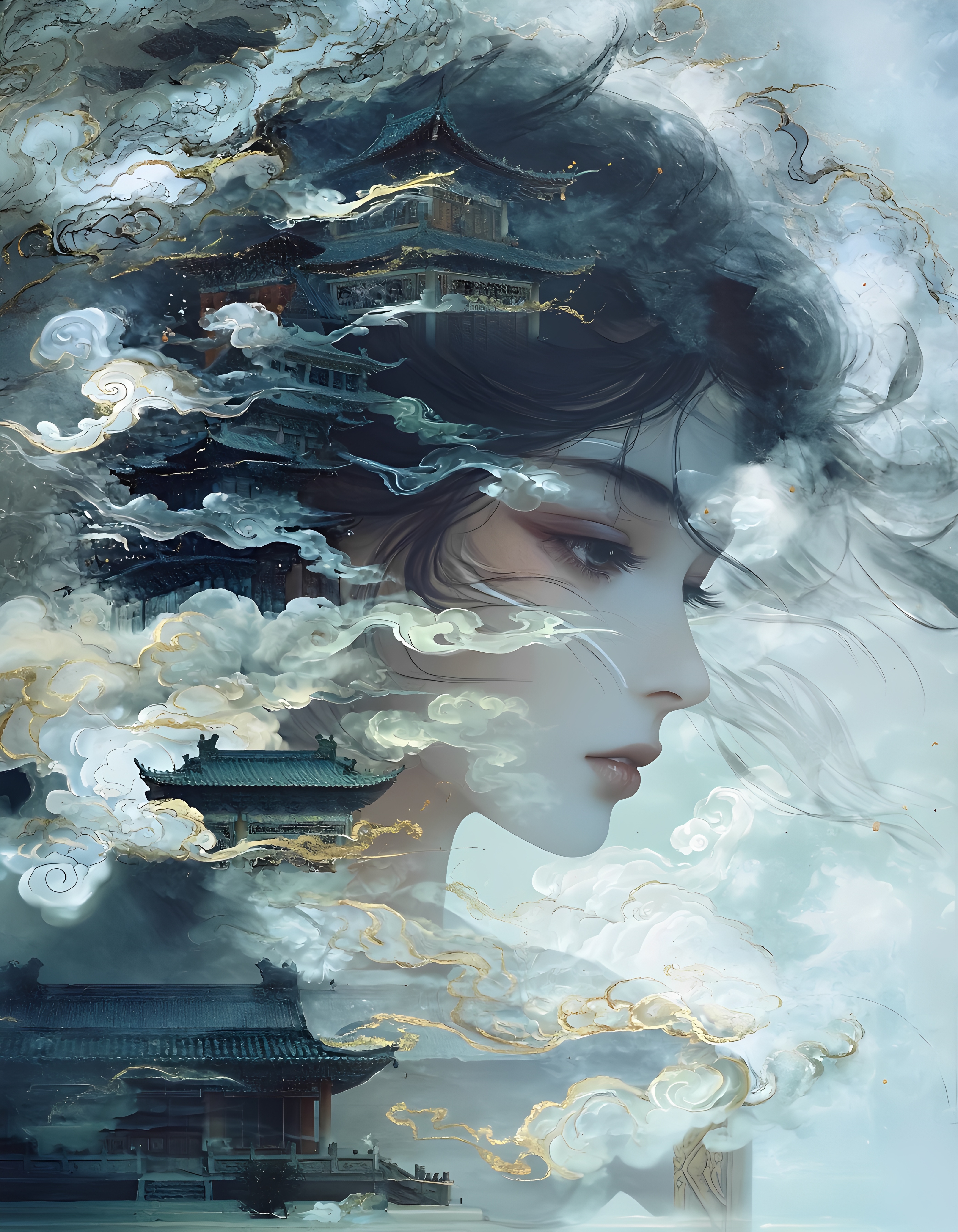 Create a surrealistic illustration with a dreamy, mystical atmosphere, featuring intricate ethereal details and chiaroscuro tones. The scene showcases traditional Chinese architecture, with elegant pagoda roofs, ornate wooden lattices, and delicate cloud motifs woven into the composition. Ethereal clouds swirl softly, blending seamlessly with the environment, creating a sense of otherworldly beauty. At the center, a woman with flowing, long hair is depicted in a double-exposure style, her silhouette merging harmoniously with the misty clouds and architectural elements. The color palette emphasizes soft silvers, deep blues, and subtle golds, with dramatic contrasts of light and shadow to enhance the surreal, enchanting mood. The overall composition radiates a sense of grace, mystery, and timeless elegance.