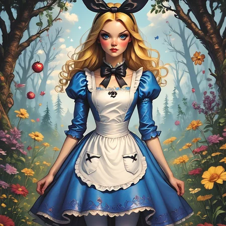 score_9, score_8_up, score_7_up, score_6_up, score_5_up, score_4_up, <lora:WonderlandPony_r1:1> ArsMJStyle, Wonderland, Alice blue eyes, blue dress, white pantyhose, apron, black bow, blonde