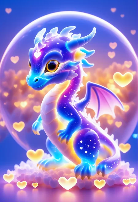 Digital art, Cold Iris, Globular cluster background, tag, Proto-Renaissance, large-scale, innocent, artistic, a cute chibi dragon made out of reij-trnsprnt filled with reij-hrts light by reij-glow <lora:heartglow-000006:1>, fantastic aesthetic, ambient, complex, theatrical, dramatic, professional creative, deep rich colors