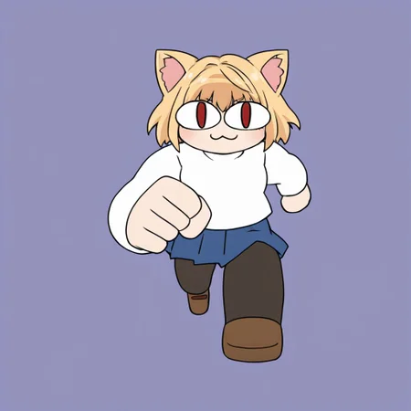 source_anime, 1girl,running ganger (meme),meme,running, white background, looking at viewer, necoarc, lit pupils, cat ears, blonde hair, red eyes, chibi, :3, white turtleneck, blue skirt, pleated skirt, pantyhose, brown footwear