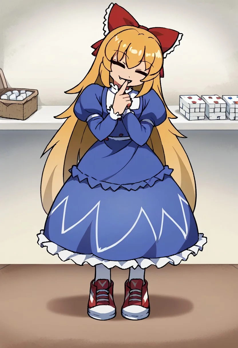 score_9, score_7_up, source_anime, masterpiece, best quality, detailed, perfect, perfection, aesthetic, absurd, detailed, MiraeSomang,
illustration showing thinking Tipsy,
1girl, yellow eyes, blonde hair, long hair, bangs, red hairbow, :3, fang, 
white bodice, buttons, blue dress, white embroidery, frills, puffy sleeves, white pantyhose, red sneakers,
closed mouth,
full body, standing, shuffling from foot to foot, head tilt, finger to mouth, looking away, 
indoors, room