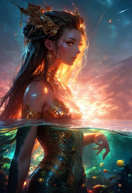 (score_9, score_8_up), score_7_up, zPDXL, solo, zPDXL3, <lora:MythAnim3Style:0.8>, MythAn1m3, character, source_anime, 1girl, mermaid, Iridescent eyes, aquatic scene, dreamlike atmosphere, mystical, ethereal light, detailed textures, whimsical, rippling, dripping, water element, very long cascading hair, water, very beautiful, sexy, sexy body, beautiful body, scales, wet body, Iridescent scales, bubbles, water drops, Iridescent skin, multi colored eyes, partially underwater shot, bioluminescent skin, bioluminescent, glowing, bioluminescent scales, bioluminescent hair, bioluminescent scales, FastNegativeV2, laser light clothes, submerged breast, water line on lense, view from under water, waterline, great lighting, seashells details, metallic details, hair ornaments, gems, sunset, bioluminescent tattoos, coastal landscape background, long hair braids, wet transparent clothing, translucent clothing, bodysuit with flowing sleeves, dark hair