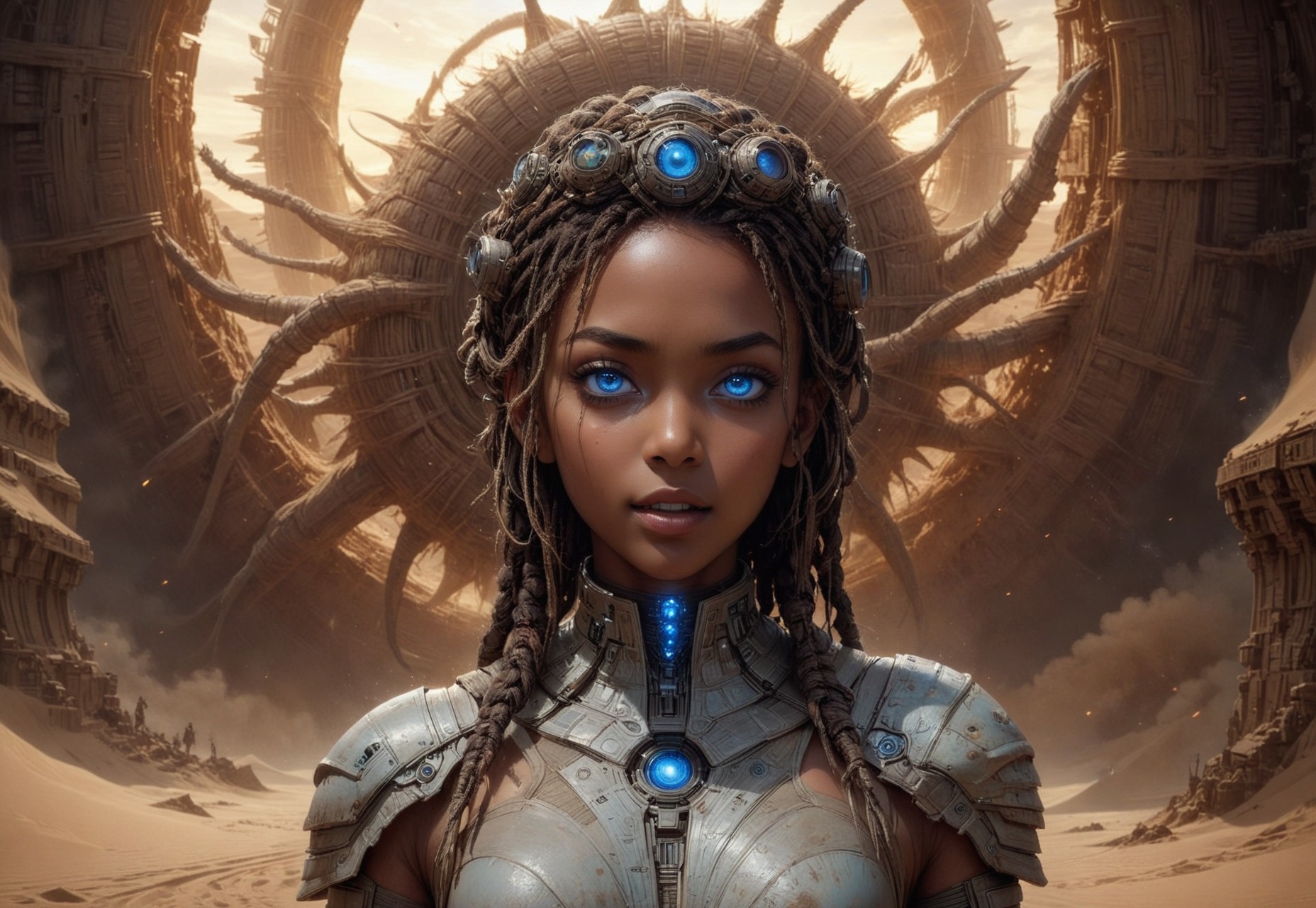 embedding:urn:air:sd1:embedding:civitai:222256@250708, (absurdres, highest quality, very aesthetic, intricate details, masterpiece, award-winning, official artwork, 8k, UHD, HDR:1.3), 
(breathtaking November Annabella Nova Terra standing in front of a sandworm during a sandstorm, Nova (StarCraft), gorgeous, (dark skin:1.3), cute face, exotic eyes, (blue eyes, glowing eyes:1.6), full lips, braided crown hairstyle, skindentation, detailed skin shading, looking at viewer, (hero view, dynamic pose, full-body view:1.2)), 
futuristic background, sci-fi background, outside backgroudn, orbital view, planetary view, 
cinematic scene, sexy pose, hyperrealism, RAW photo, sharp focus, 
optical effects, lighting effects, light leaks, 
digital painting, 
nostromostyleai, 
sexyai, 
7-dune,  sand worm, 