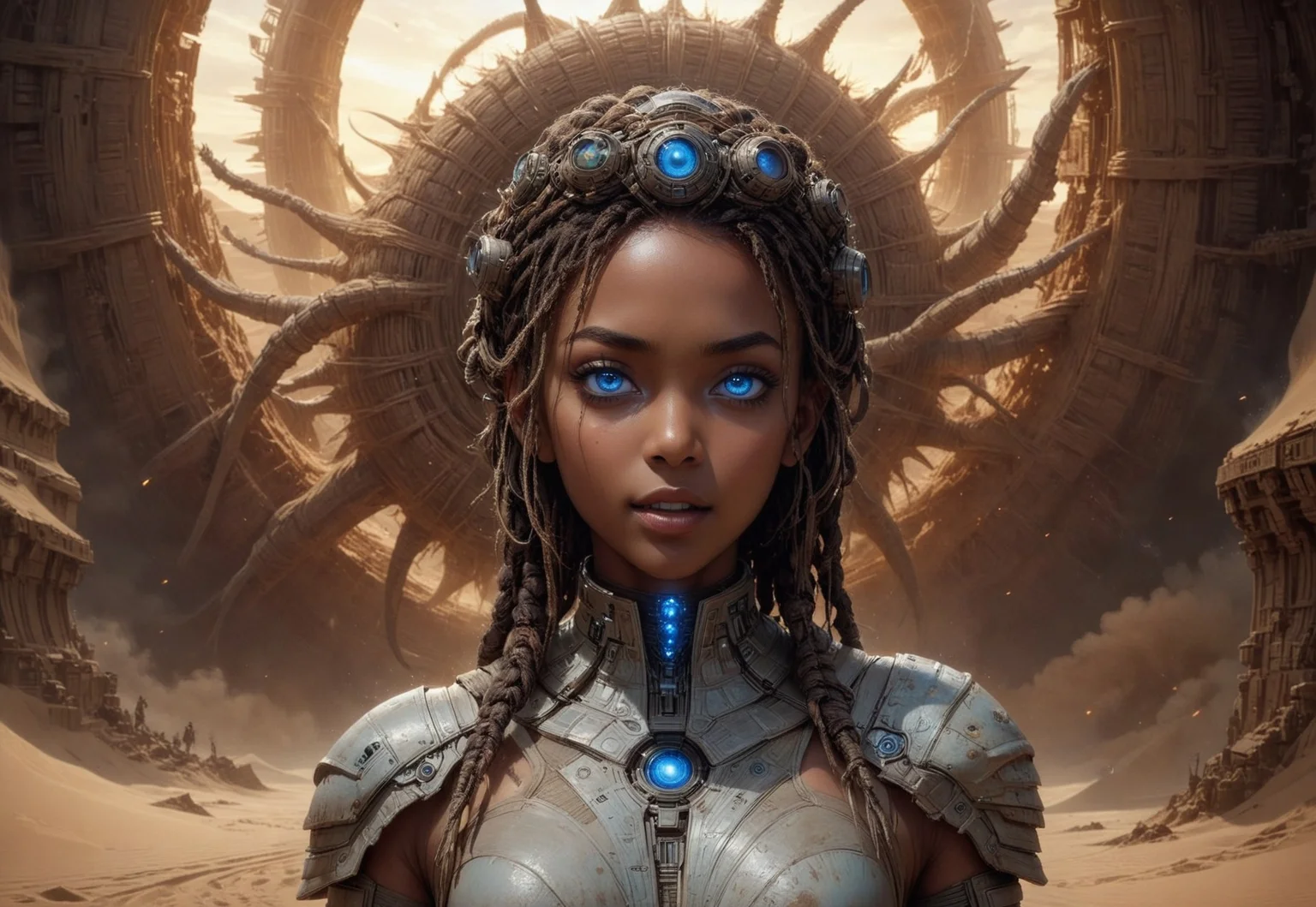 embedding:urn:air:sd1:embedding:civitai:222256@250708, (absurdres, highest quality, very aesthetic, intricate details, masterpiece, award-winning, official artwork, 8k, UHD, HDR:1.3),
(breathtaking November Annabella Nova Terra standing in front of a sandworm during a sandstorm, Nova (StarCraft), gorgeous, (dark skin:1.3), cute face, exotic eyes, (blue eyes, glowing eyes:1.6), full lips, braided crown hairstyle, skindentation, detailed skin shading, looking at viewer, (hero view, dynamic pose, full-body view:1.2)),
futuristic background, sci-fi background, outside backgroudn, orbital view, planetary view,
cinematic scene, sexy pose, hyperrealism, RAW photo, sharp focus,
optical effects, lighting effects, light leaks,
digital painting,
nostromostyleai,
sexyai,
7-dune, sand worm,