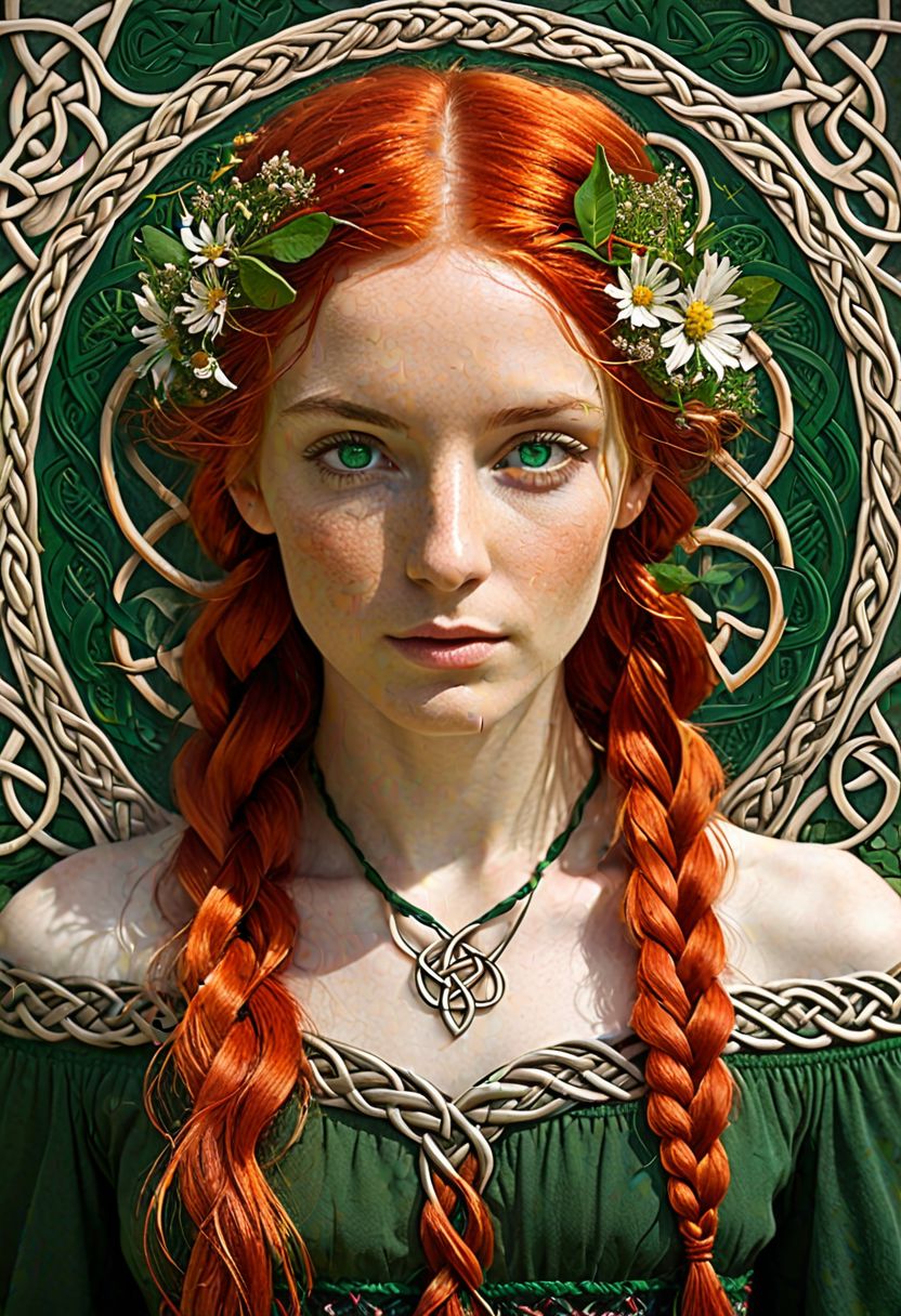 Celtic lorekeeper, woman, fiery red hair (long and flowing), emerald green eyes (wise and knowing), intricate Celtic braid (woven with wildflowers), detailed, aged skin, mystical symbols (optional:0.7), soft, ethereal light, art nouveau style