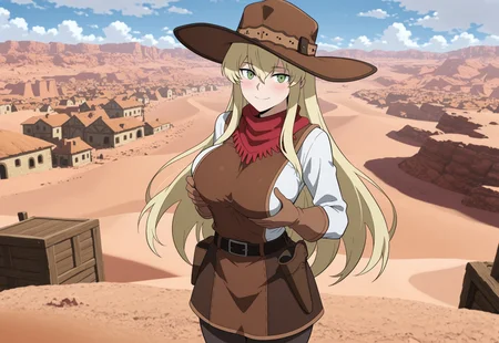 masterpiece, best quality, newest, absurdres, very aesthetic, Doya, 1girl, solo, cowboy shot, 
(blonde hair, long hair, bangs between eyes, sidelocks), green eyes, big breasts, 
(brown wide-brim hat), brown vest, white undershirt, red scarf, long-sleeves, brown gloves, brown skirt, (belt, belt buckle, belt pouches, holsters), black pantyhose, 
smile, looking at the viewer, (closed mouth), blush,
outdoors, sunny weather, town, old west, desert,grabbing own breasts