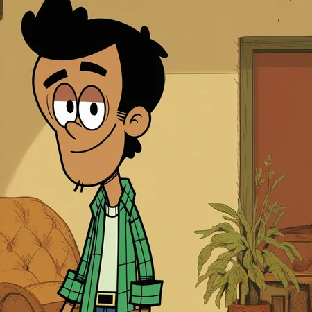 score_9_up, score_8_up, score_7_up, high quality, detailed, 1boy, source_cartoon, Bobby Santiago, male, solo male, human, broad shoulders, black eyes, cartoon style, short black hair, tan skin, slim, athletic build, skinny, stubble, green flannel shirt, white shirt, blue jeans, smiling, looking at viewer, bust shot, living room