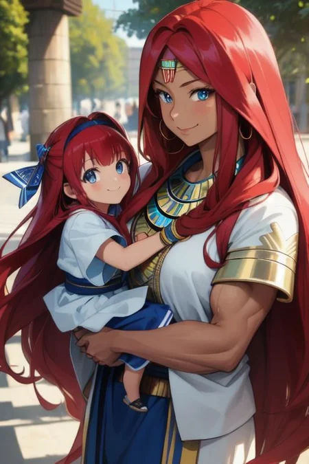 masterpiece, best quality, ultra realistic, 8k uhd, very high quality, extremely detailed face, very muscular Egyptian-Japanese woman walking and holding hands with a very young girl, tall woman and very young girl walking and holding hands, smiling and happy, (extremely dark caramel skin:1), bright blue eyes, absurdly long ruby red hair, super long ruby red hair, muscles, city environment