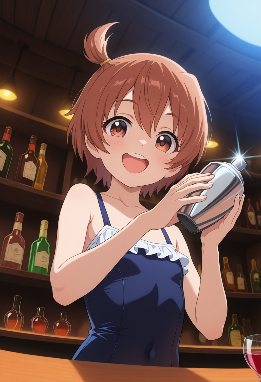 masterpiece, best quality, amazing quality, 1girl, solo, yukikoww, short stature, petite, brown eyes, brown hair, short hair, side ponytail, ahoge, flat chest, frilled swimsuit, one-piece swimsuit, <lora:Miwa_Yukiko_Ichiban_Ushiro_no_Daimaou_ill:0.9>, cocktail glass, cocktail shaker, hands up, holding, smile, teeth, upper teeth only, open mouth, :d, looking at viewer, upper body, pov from below, indoors, bar \(place\), bartender, bottle, cup, drinking glass, shelf, counter, skindentation, detailed clothing folds, depth of field, sharp, high contrast, dynamic light
