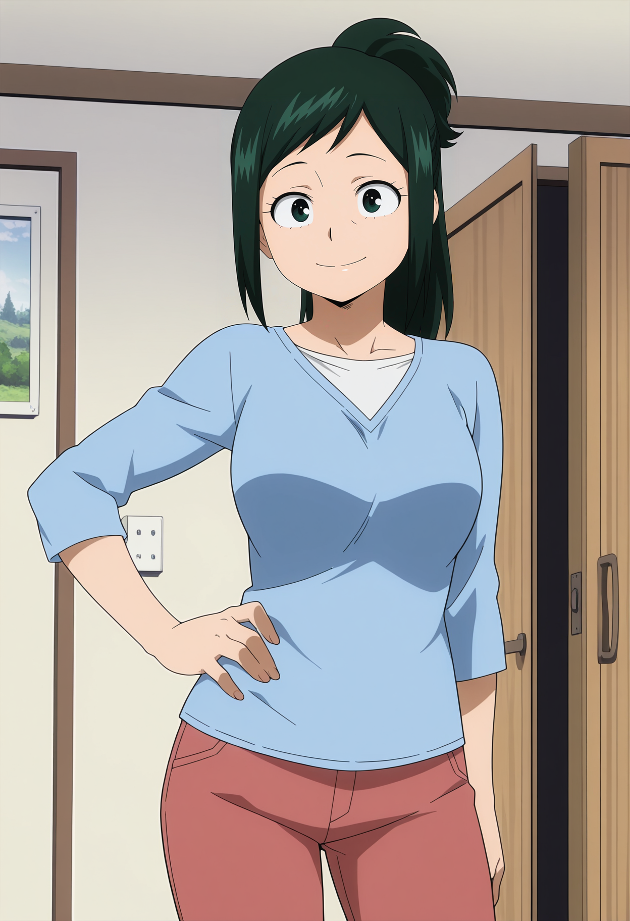 1girl,solo,mm,mature female,green hair,green eyes,ponytail,anime coloring,
shirt,pants,cowboy shot,hand on own hip, looking at viewer, smile,indoors,
,masterpiece,best quality,amazing quality,<lora:Midoriya_inko-My_Hero_Academia_ix:0.8>