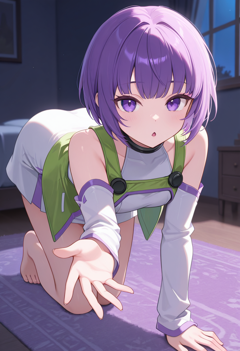 1girl,solo,<lora:espoiril:0.9>,espoir,purple eyes,purple hair,short hair,bare shoulders,white dress,white detached sleeves,green jacket,looking_at_viewer,cowboy_shot,chestnut mouth,outstretched hand,bedroom,night,carpet,incredibly absurdres,masterpiece,best quality,good quality,newest,barefoot,all_fours,