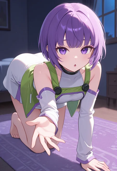 1girl,solo,<lora:espoiril:0.9>,espoir,purple eyes,purple hair,short hair,bare shoulders,white dress,white detached sleeves,green jacket,looking_at_viewer,cowboy_shot,chestnut mouth,outstretched hand,bedroom,night,carpet,incredibly absurdres,masterpiece,best quality,good quality,newest,barefoot,all_fours,