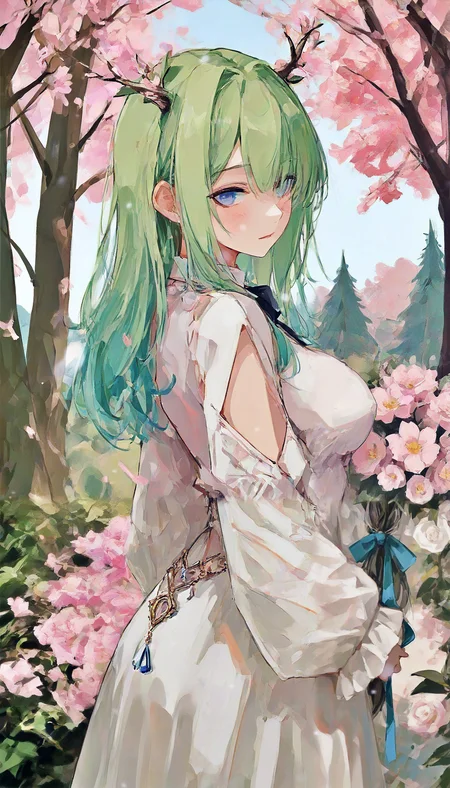 1girl,ceresfauna,hololive, antlers,Backcutout,bouquet,breasts,Closed_mouth,clothing_cutout,Day,detached_collar,dress,falling_petals,flower,from_side,gradient_hair,green_hair,hair_flower,Hair_ornament,hair_over_one_eye,Horns,large_breasts,lightsmile,long_bangs,longhair,tree,mole_under_eye,bouquet,forest,body-shape,Cherry blossoms, masterpiece, best quality, amazing quality, very aesthetic, absurdres, detailed background, detailed foreground, detailed eyes, detailed clothing, detailed hair, detailed shading
