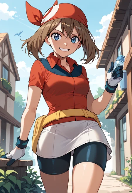 Pretending to hold a fish by its tail, smile, <lora:MayRSEPony:1> May_RS, medium hair, brown hair, blue eyes, red bandana, collared shirt, red shirt, short sleeves, white gloves, fanny pack, yellow belt, white skirt, bike shorts under skirt, bike shorts, red footwear,, score_9, score_8_up, score_7_up, score_6_up, score_5_up, score_4_up,