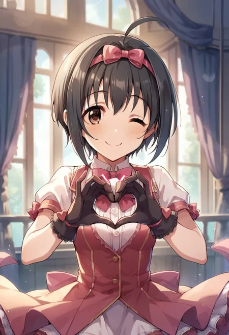 score_9, score_8_up, score_7_up, source_anime,kohinata miho, short hair, black hair, ahoge, brown eyes, 1girl, one eye closed, heart hands, solo, gloves, heart, smile, bow, hairband, ;)