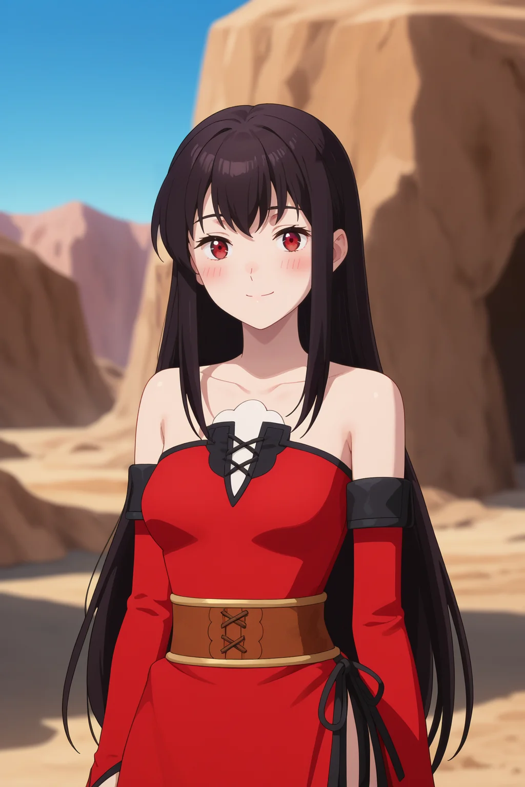 <lora:celeste_izo:0.9>
score_9, score_8_up, score_7_up, 1girl, solo,
celeste, long hair, black hair, red eyes,
medium breasts, red dress, detached sleeves, bridal gauntlets, bare shoulders, collarbone,
closed mouth, smile,
blush, looking at viewer, standing, cowboy shot,
outdoors, desert, blue sky, blurry background,