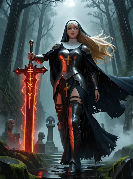 absurdres, high detail, cinematic lighting, dynamic pose, dramatic pose, ethereal glow, dark fantasy, masterpiece, dynamic perspective, medieval fantasy, intricate armor, heavy rain, heavy wind,
BREAK
1girl, solo, warrior nun, bloodied, battle scars, eye trails, intense gaze, solemn expression, light wheat blonde hair color hair, baby bangs, long flowing hair, tattered habit, torn clothes, ripped clothes, crimson-stained robes
BREAK
glowing warhammer, sacred warrior, blood splatter, blood on face, blood on clothes, 
BREAK
outdoors, ruins, war-torn, a mystical forest, bathed in dappled sunlight, with moss-covered rocks, ancient stone statues, and a winding path lined with lanterns, ominous atmosphere, divine aura, fog, foggy battlefield
BREAK
IllusP0s
<lora:slau_n11:1>
<lora:FantasyKnightsIL:0.35>
<lora:SDXL - Dark Slider:0.35>
<lora:SDXL - Detailed Eyes v3.0:0.8>   
<lora:SDXL - Dynamic Poses  v1.0:2.0>