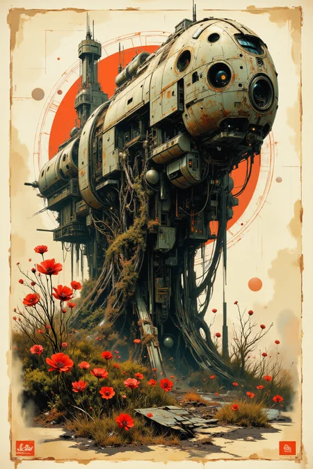 Impressionism art of a visual high-contrast etching-style sticky image. A gigantic and colorful blueprint of a cold gigantic mech, surrounded by arresting poppies, dilapidated and abandoned, an ancient broken down derelict reclaimed by nature, with twisted vines and moss creeping through it. An abstract geometric gradient dapples the simple background. a detailed, high-contrast etching-style image, in the manner of Giovanni Battista Piranesi's plates from "Le Antichità Romane", rendered with deep lines and fine details, painterly, using small, visible brushstrokes.
