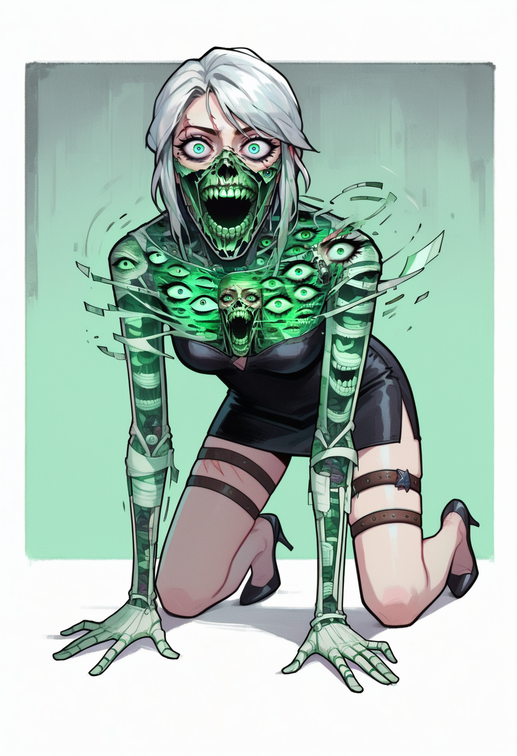 score_9, score_8_up, score_7_up, 1girl, ciri, scar across eye, long strapless dress, high heels, thigh strap, crazy eyes, all fours, simple background, brass background,  <lora:ghostglitch-civit:1> ghostglitch, skeleton, extra eyes, teeth