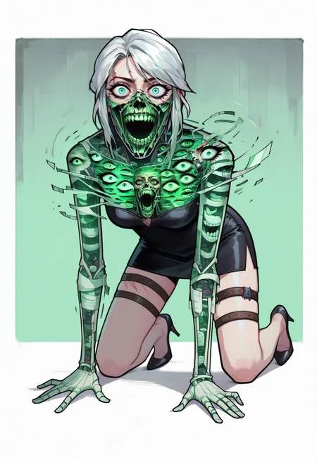 score_9, score_8_up, score_7_up, 1girl, ciri, scar across eye, long strapless dress, high heels, thigh strap, crazy eyes, all fours, simple background, brass background,  <lora:ghostglitch-civit:1> ghostglitch, skeleton, extra eyes, teeth
