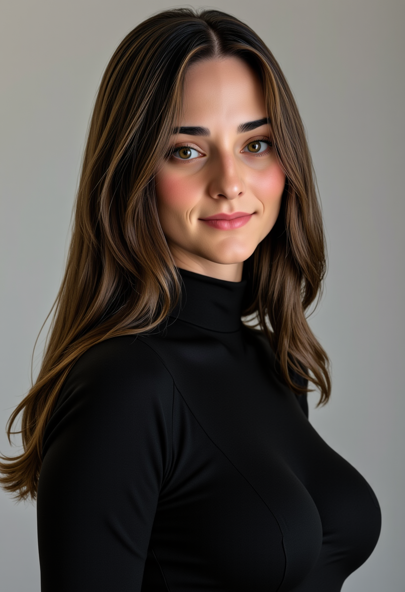 Headshots, portrait, She is approximately 18 years old, Hyperrealistic, she is smiling, dynamic angles, multiple angles,  she is looking at the camera, photoshoot poses; a photo of Abigail_Sv1,a woman with hair, a woman wearing a black turtleneck sweater, she has huge breasts, busty breasts. Simple grey background, creating a focused and dynamic pose.; the scene is set in a beautiful well-lit environment, with a sense of action and adventure.  Style: realistic hyper-detailed rendering, 32k UHD, expressive eyes, punk, graphic design, girl's face, pretty and cute, gleaming lips, telling a tale of adventure. Exuding confidence and serenity. The overall mood of the image is happy and relaxed, detailed skin texture,(blush:0.2),(goosebumps:0.3), subsurface scattering,with a playful and whimsical tone,perfect hand, hand, detailed hand,niji style,retro50s_style,
