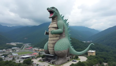 a dread scene of a 350 story tallest in the world freshly painted shocked godzilla novelty architecture building that operates as a dam in a mountain town.