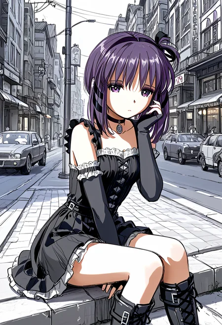 score_9,score_8_up,score_7_up,source_anime, high quality detailed, very aesthetic, 8K, 16K, high quality, best quality, detailed eyes, hand, beautiful hands, prefect hands, perfect anatomy, (1girl, looking away from viewer), Miho, sidelocks, purple hair, hair ribbons <lora:Miho_Tohya__Megatokyo:1>miho, choker, elbow gloves, fingerless gloves, gloves, greyscale, goth boots, sad expression, distant expression, sitting on street light , city, night, Japanese city, in sketchbook, (colored marker style:1.2), (sketch:1.4),