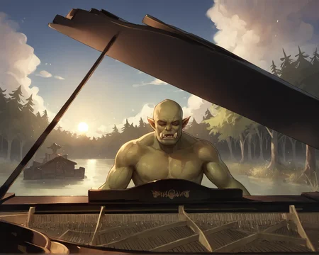 score_9, score_8_up, score_7_up, source_cartoon BREAK 1boy, solo, orc, green skin, bald, playing_piano_front_view, piano, swamp, playing piano, eyes closed, sun, blue sky, clouds, trees, <lora:Playing_piano_front_view:1>, rating_questionable