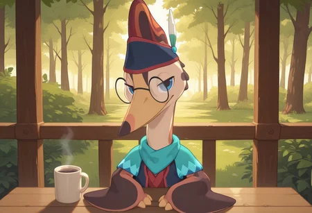 1boy, highres, absurdres, newest, masterpiece, best quality, furry, raptor, scales, tail, claws, Rowan, male, quetzalcoatlus, brown skin, dark yellow beak, blue eyes, membranous wings, winged arms, glasses, dark blue vest, green cape, dark blue headband, blue scarf, standing, seductive look, detailed eyes, bright room, day scene, professional lighting, solo, seductive, looking_at_viewer, masterpiece, close up, explicit, morning, medival koffee house, hot coffee on the table, forest, sits in shair,