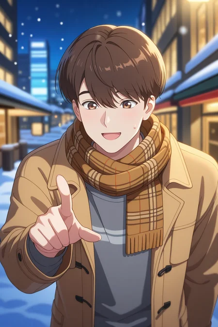 masterpiece, best quality, amazing quality, very aesthetic, high resolution, ultra-detailed, absurdres, newest, scenery, volumetric lighting, depth of field,anime screencap, , , 1boy, solo, male focus,  <lora:lee_joon:0.87>, lee joon,brown hair,brown eyes,short hair,bangs,hair between eyes,smile, open mouth, shirt, long sleeves, upper body, flower, :d, outdoors, open clothes, blurry, sweatdrop, scarf, coat, plaid, blurry background, pointing, open coat,grey shirt, brown coat, plaid scarf, brown scarf,snow,night,city,from above
