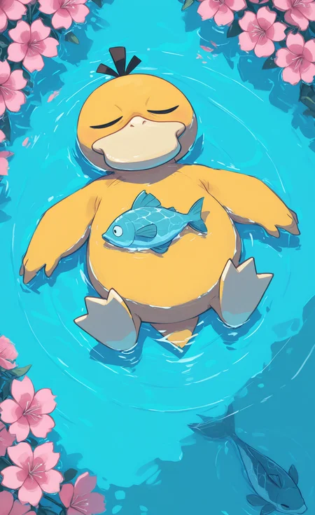 masterpiece, best quality, amazing quality, highres, psyduck, solo, closed mouth, closed eyes, flower, lying, on back, water, pokemon \(creature\), no humans, from above, sleeping, pink flower, fish, ripples, duck, afloat, u u <lora:XXX667:0.5> <lora:DiivesIXL:0.5> <lora:96YOTTEA-WAI:0.7> <lora:namukijpg_ill:0.3> <lora:Style60_IXL:1>