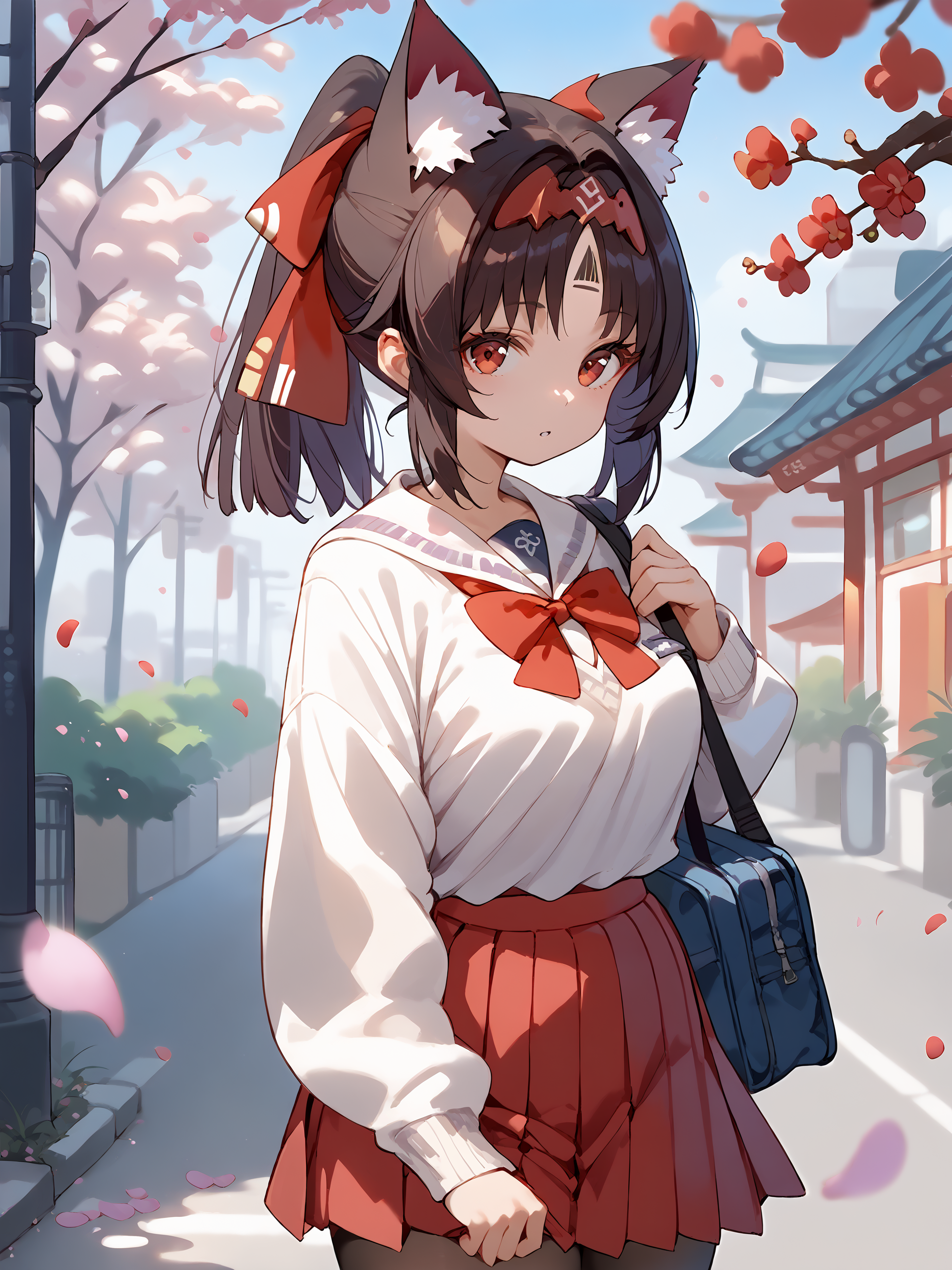 score_9, score_8_up, score_7_up, source_anime, 1girl, nekomiya mana, ponytail, forehead mark, hair ribbon, solo, school uniform, white shirt, sweater, pleated skirt, pantyhose, outdoors, street, cherry blossoms, petals, depth of field, parted lips, looking at viewer  <lora:Char-ZZZ-Nekomiya_Mana-Pony-V1:1>  <lora:style-nai:1>