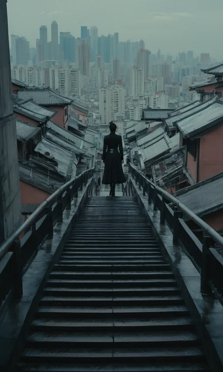 xxmix, top of endless Staircase, watching endless Staircase city, cyperpunk style, endless flying Lantern lighting, endless people, cyborg style, HZ Steampunk, cyborg style, cyborg, Movie Still, Film Still, ink scenery
