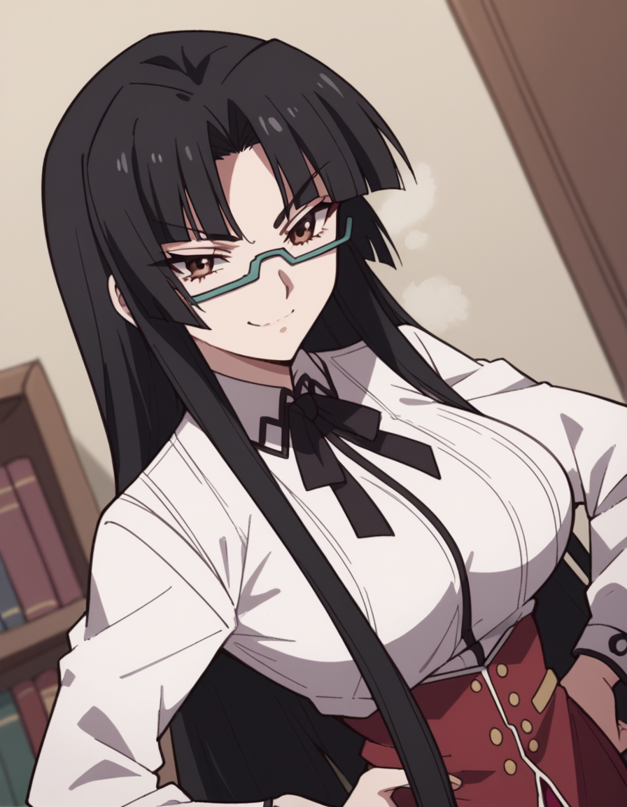 score_9, score_8_up, score_7_up, source_anime, <lora:tsubaki-shinra-s2-ponyxl-lora-nochekaiser:1>, tsubaki shinra, long hair, black hair, brown eyes, glasses, semi-rimless eyewear, under-rim eyewear, parted bangs, bangs, blunt bangs, large breasts, shirt, ribbon, school uniform, white shirt, black ribbon, neck ribbon, long sleeves, skirt, red skirt,, bookstore, browsing shelves, new book smell, finding a favorite, quiet atmosphere, smile, , smug, hands on hips,, solo,, cowboy shot, dutch angle,