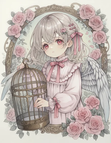 masterpiece, best quality, newest, highres, absurdres, <lora:rusetsuksr_style:1>,rusetsuksr_illu, 1girl, flower, solo, wings, ribbon, rose, cage, pink flower, red eyes, pink ribbon, traditional media, hair ribbon, looking at viewer, pink rose, long sleeves, painting (medium), hair ornament, upper body, feathered wings, birdcage
