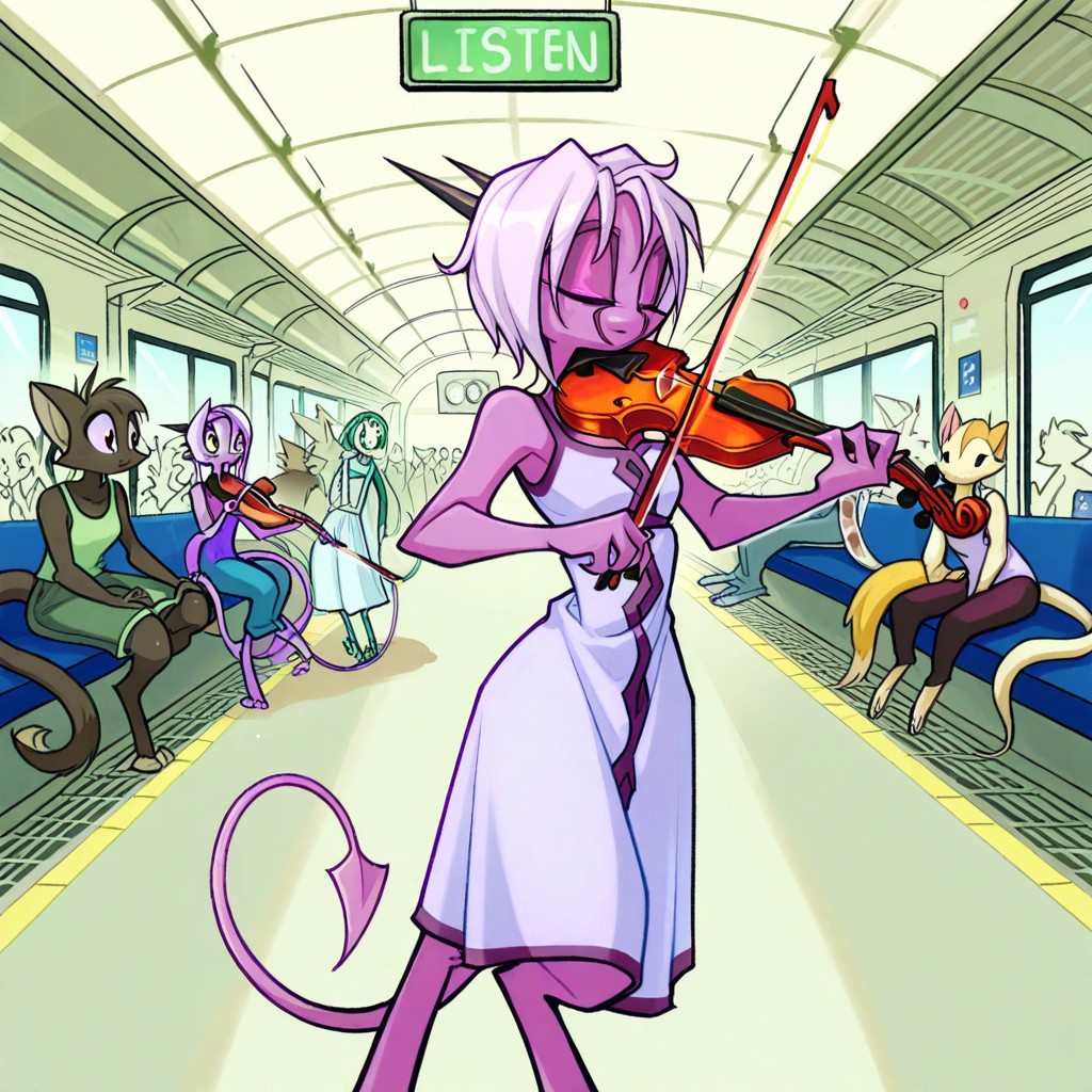 score_9, score_8_up, score_7_up,namah_calah,
1girl,solo,furry,tail, source_furry,horns,
 ,<lora:namah_calah_illustrious:0.8>,
girl plays a violin in a bustling train station, her case open for tips. Passengers pause to listen, and a clock ticks above her, train_station, violin, music, tips, passengers, clock, indoors, focused_expression, sundress, , crowd, performance, urban, dynamic_pose