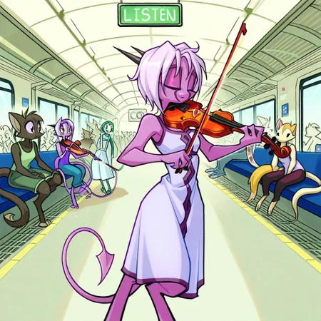 score_9, score_8_up, score_7_up,namah_calah,
1girl,solo,furry,tail, source_furry,horns,
,<lora:namah_calah_illustrious:0.8>,
girl plays a violin in a bustling train station, her case open for tips. Passengers pause to listen, and a clock ticks above her, train_station, violin, music, tips, passengers, clock, indoors, focused_expression, sundress, , crowd, performance, urban, dynamic_pose