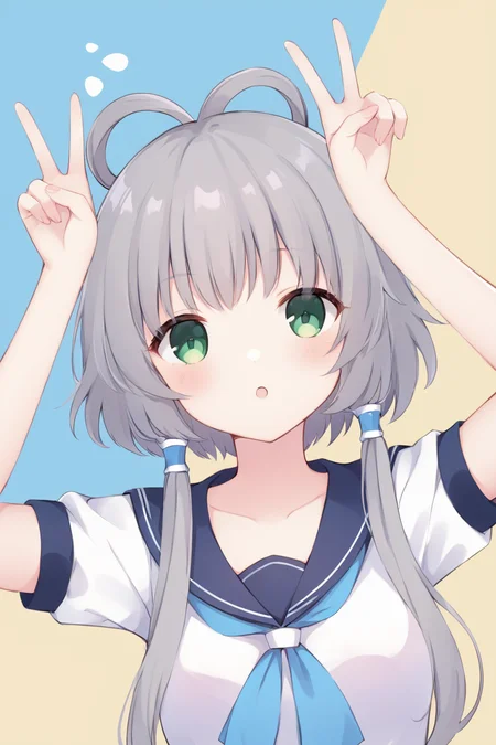 CHII,1girl,solo,school uniform,upper body,<lora:Chobits_XL:0.7>,luotianyi, green eyes, grey hair, hair ornament, hair rings, short hair with long locks, hair tubes, <lora:luotianyi_xl:0.8><lora:usapiece_XL_v1:0.8>,double v, arms up,